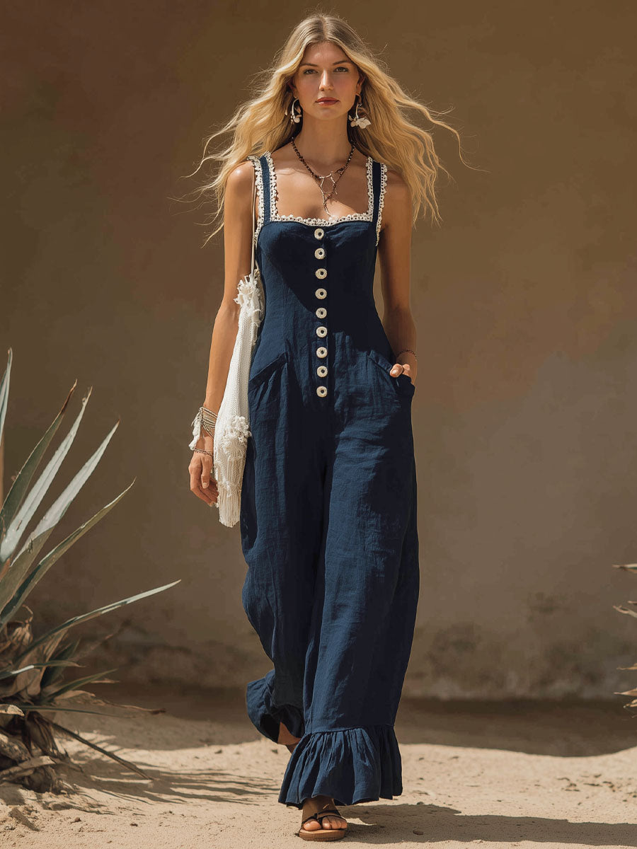 Retro Cotton And Linen Wide-strap Sleeveless Jumpsuit