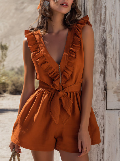 Retro-Elegant Ruffled Orange Cotton-Linen Sleeveless Romper Jumpsuit