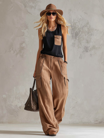 Retro-Casual Color-Block Multi-Pocket Vest &amp; Wide-Leg Pants Set