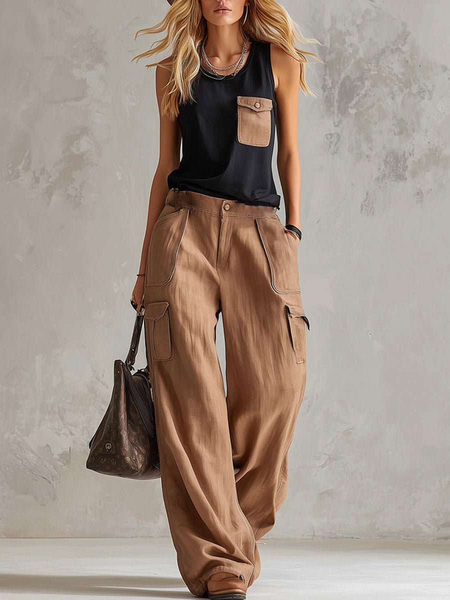 Retro-Casual Color-Block Multi-Pocket Vest &amp; Wide-Leg Pants Set