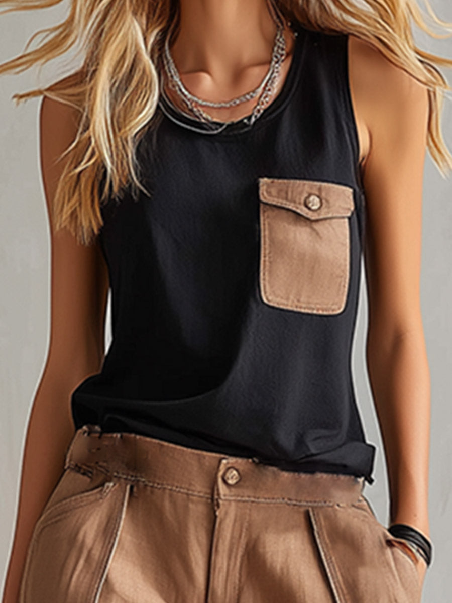 Retro-Casual Color-Block Multi-Pocket Vest &amp; Wide-Leg Pants Set