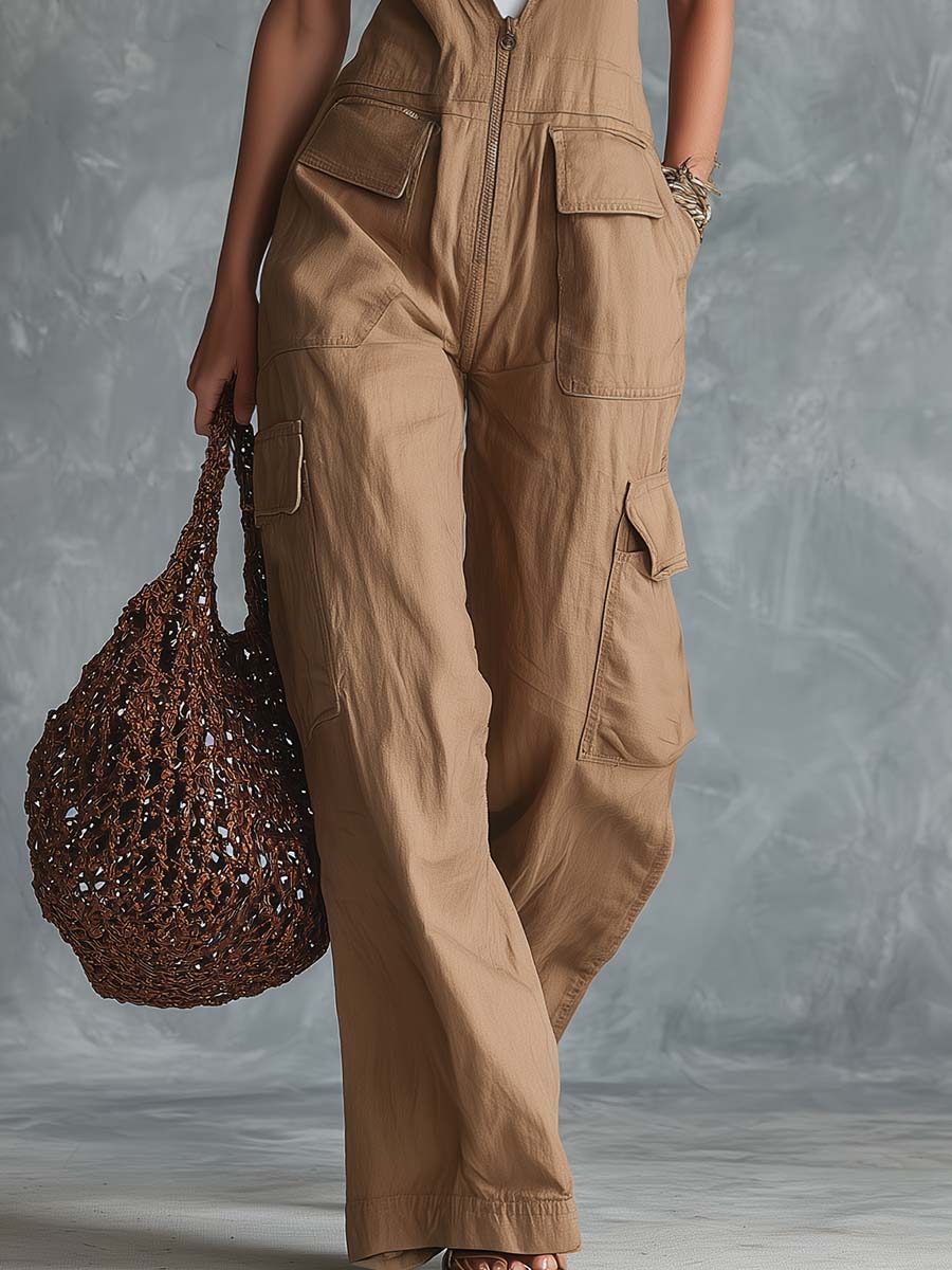 Retro-Casual V-Neck Cargo Pockets Light Brown Cotton Overalls Jumpsuit