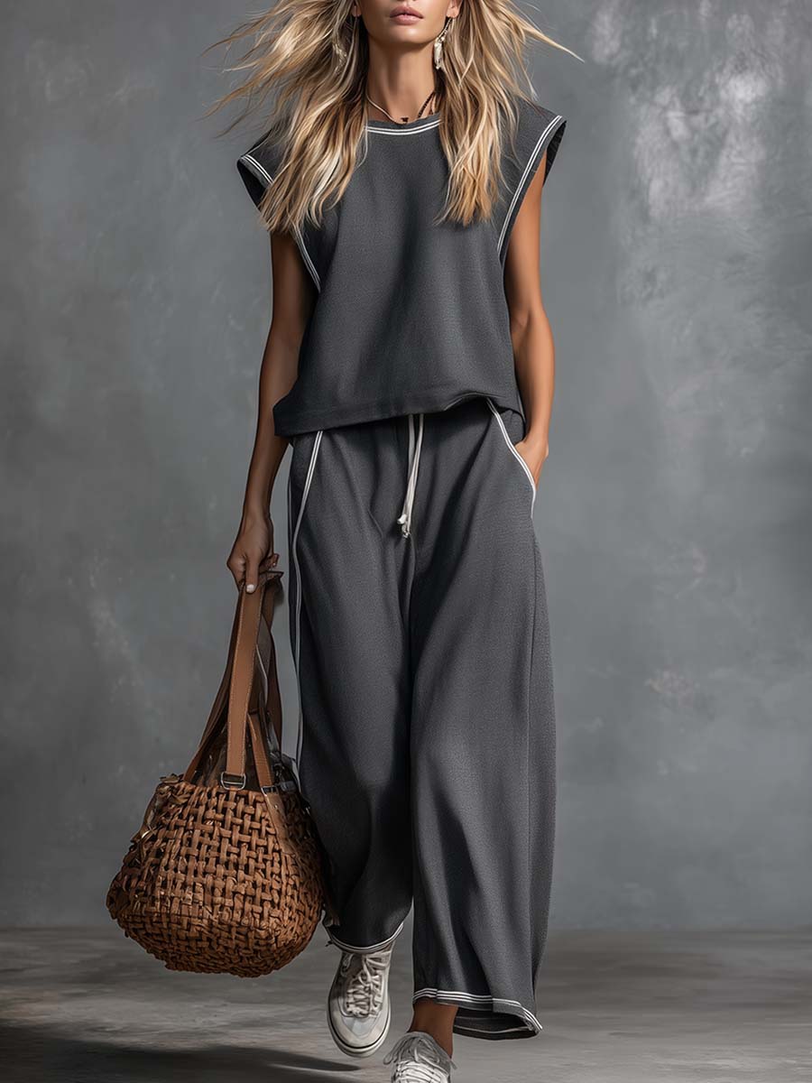 Casual Fashion Sporty Breathable Gray Cotton Crew-Neck Top And Pants Set