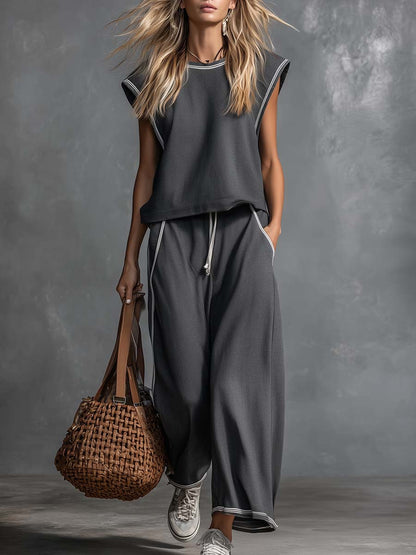 Casual Fashion Sporty Breathable Gray Cotton Crew-Neck Top And Pants Set