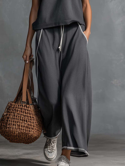 Casual Fashion Sporty Breathable Gray Cotton Crew-Neck Top And Pants Set