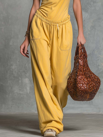 Retro Sporty Yellow Cotton V-Neck Tank Top And Pants Set