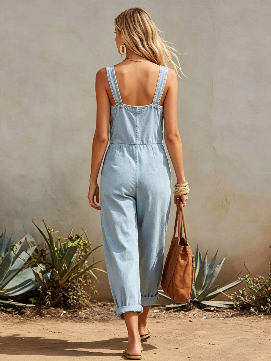 Retro-style Wide-strap Multi-pocket Denim Jumpsuit