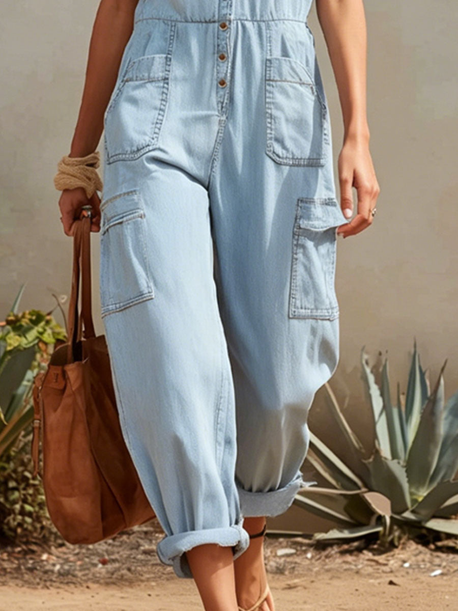 Retro-style Wide-strap Multi-pocket Denim Jumpsuit