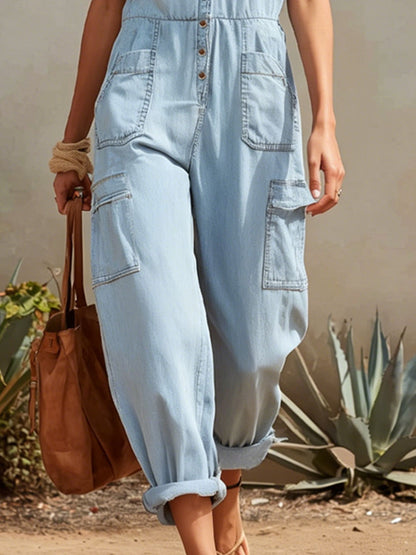 Retro-style Wide-strap Multi-pocket Denim Jumpsuit