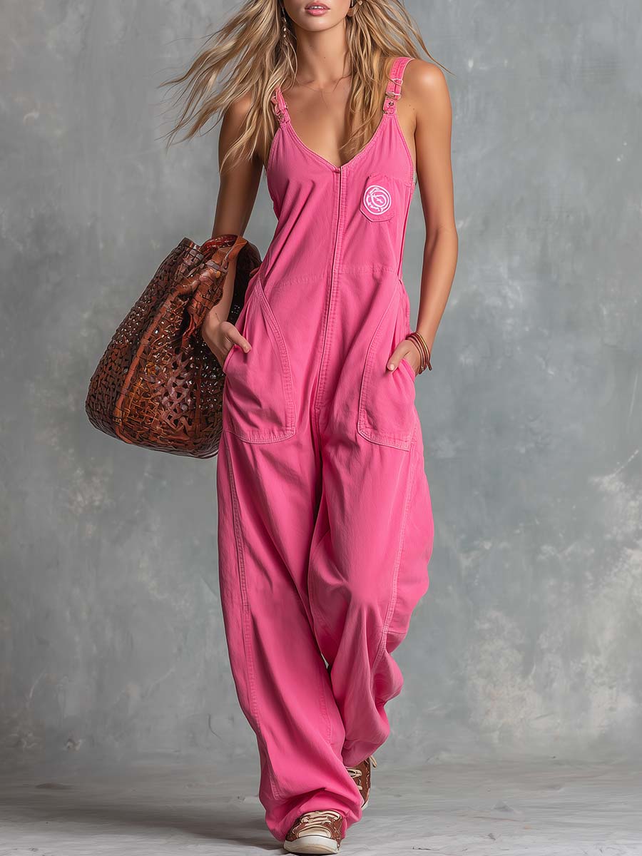 Casual Fashion V-Neck Front-Zip Vibrant Pink Denim Jumpsuit