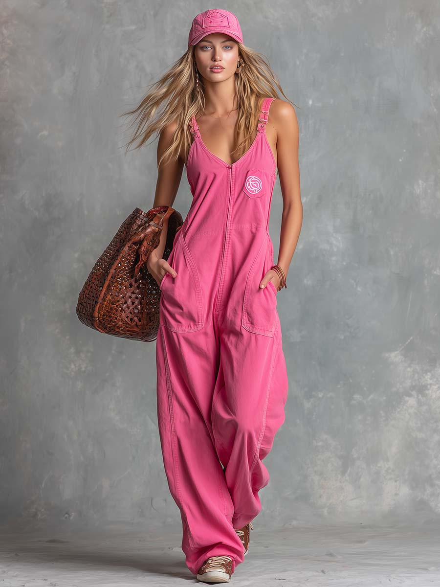 Casual Fashion V-Neck Front-Zip Vibrant Pink Denim Jumpsuit