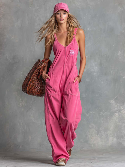 Casual Fashion V-Neck Front-Zip Vibrant Pink Denim Jumpsuit