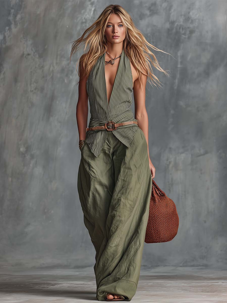 Retro-Casual Vacation Set: V-Neck Grey-Green Striped Top And Cotton-Linen Trousers