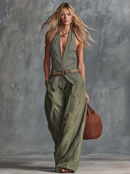 Retro-Casual Vacation Set: V-Neck Grey-Green Striped Top And Cotton-Linen Trousers
