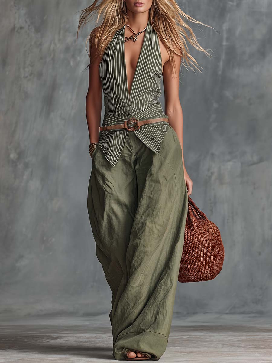 Retro-Casual Vacation Set: V-Neck Grey-Green Striped Top And Cotton-Linen Trousers