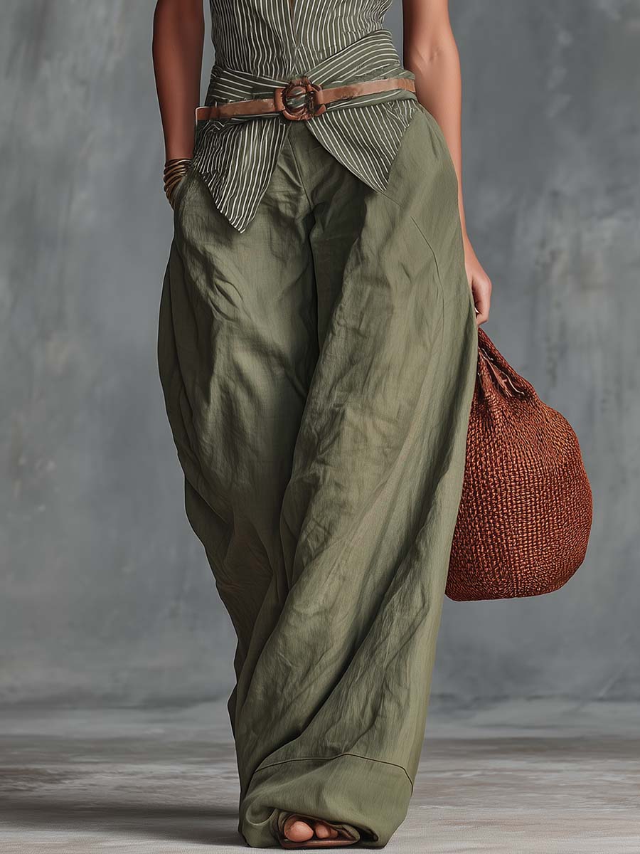 Retro-Casual Vacation Set: V-Neck Grey-Green Striped Top And Cotton-Linen Trousers