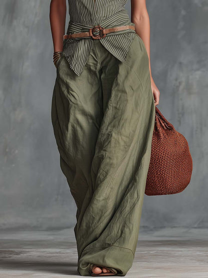 Retro-Casual Vacation Set: V-Neck Grey-Green Striped Top And Cotton-Linen Trousers