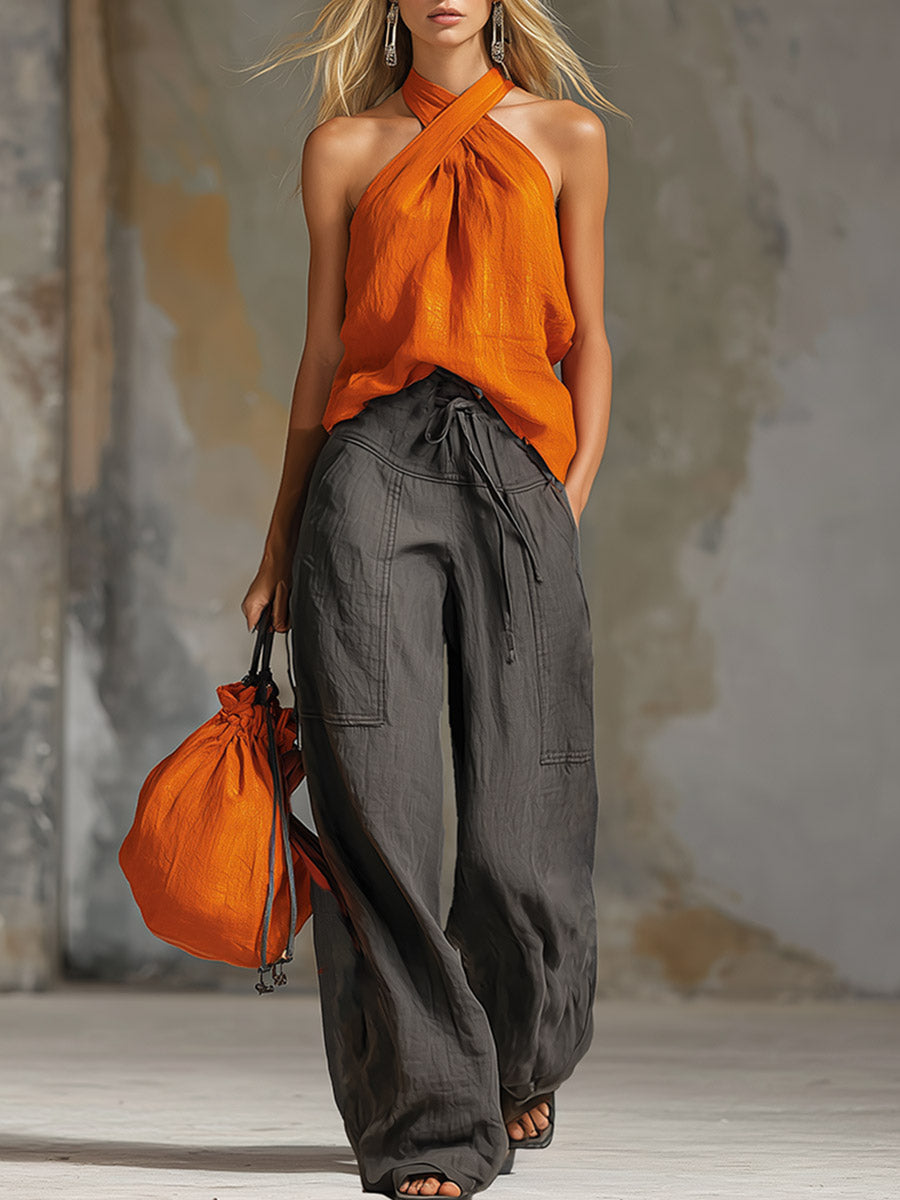 Retro-Casual Orange Halter Top &amp; Grey Wide-Leg Pants Cotton-Linen Set