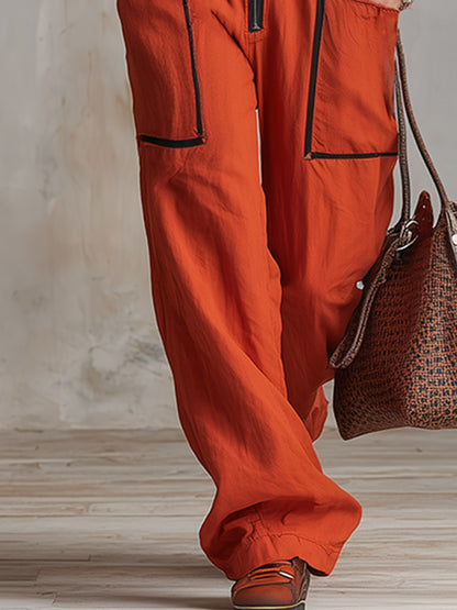 Casual Retro-Trimmed Orange Cotton Overalls Jumpsuit