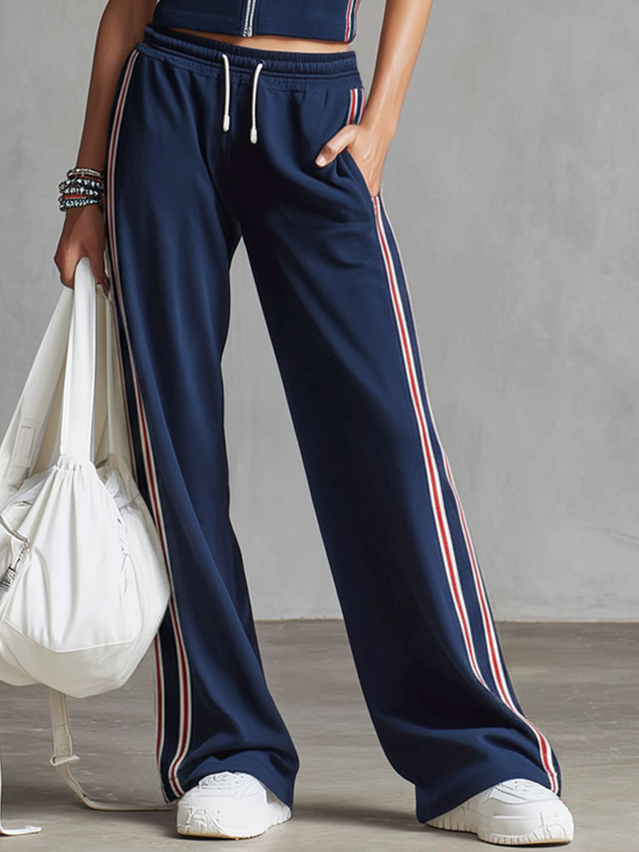 Sporty Retro Embroidered Striped Ribbon Navy Blue Pure Cotton Sleeveless Top And Pants Set