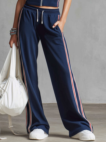 Sporty Retro Embroidered Striped Ribbon Navy Blue Pure Cotton Sleeveless Top And Pants Set