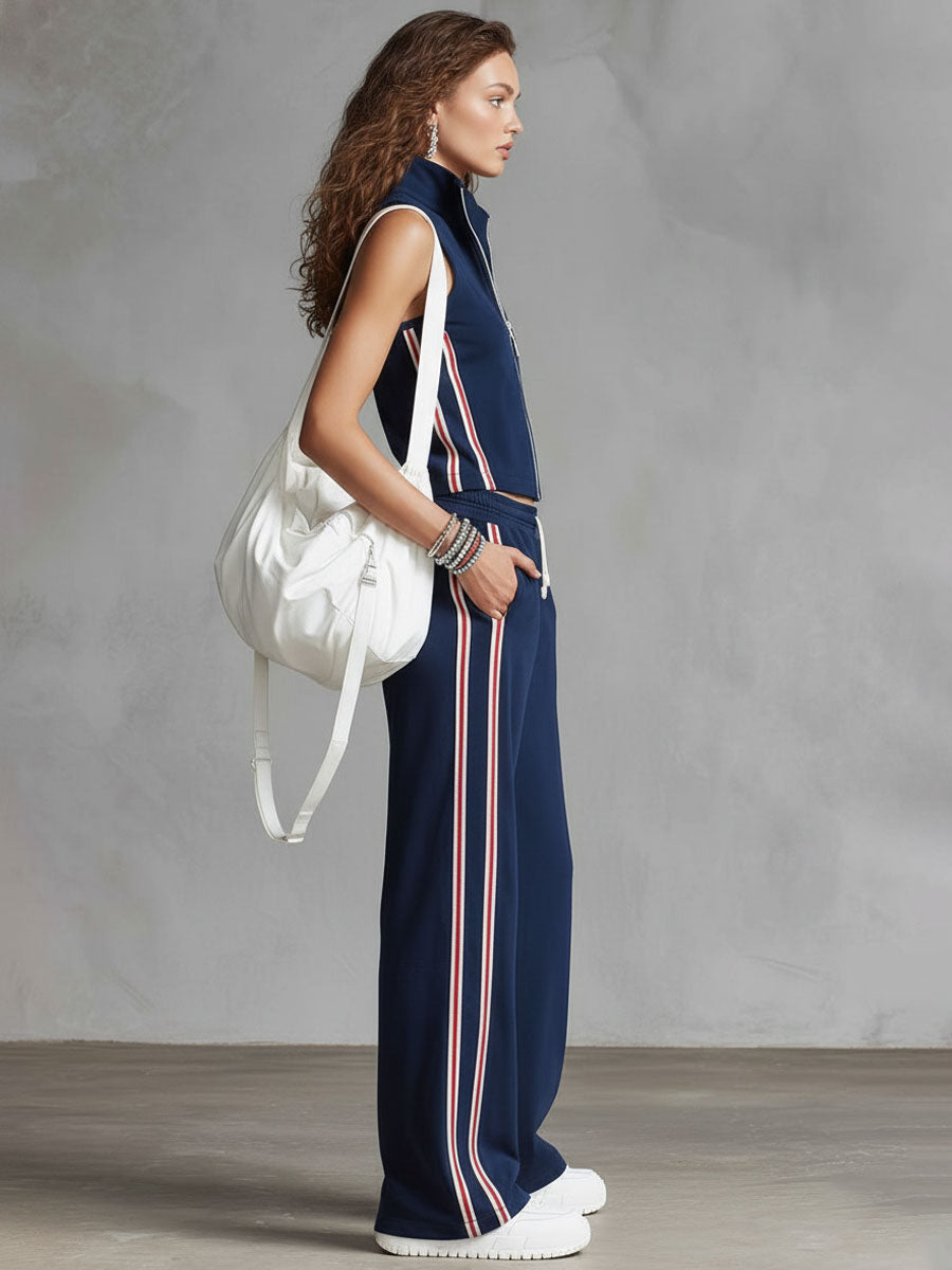 Sporty Retro Embroidered Striped Ribbon Navy Blue Pure Cotton Sleeveless Top And Pants Set