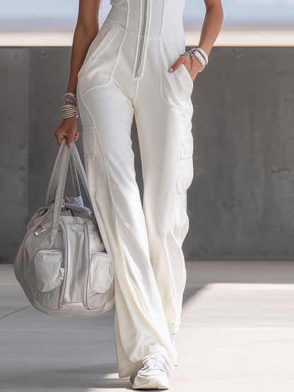 Sporty Retro Embroidered White Cotton Sleeveless Flared Jumpsuit