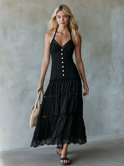Retro Elegant Black Lace-trimmed Sleeveless Halter Neck Button Cotton Linen Maxi Dress