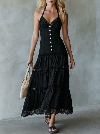 Retro Elegant Black Lace-trimmed Sleeveless Halter Neck Button Cotton Linen Maxi Dress