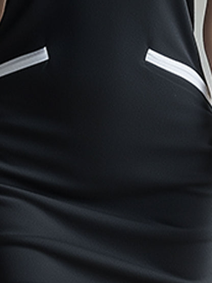 Casual Retro White-trimmed Black Stand-up Collar Half-zip Cotton Mini Dress