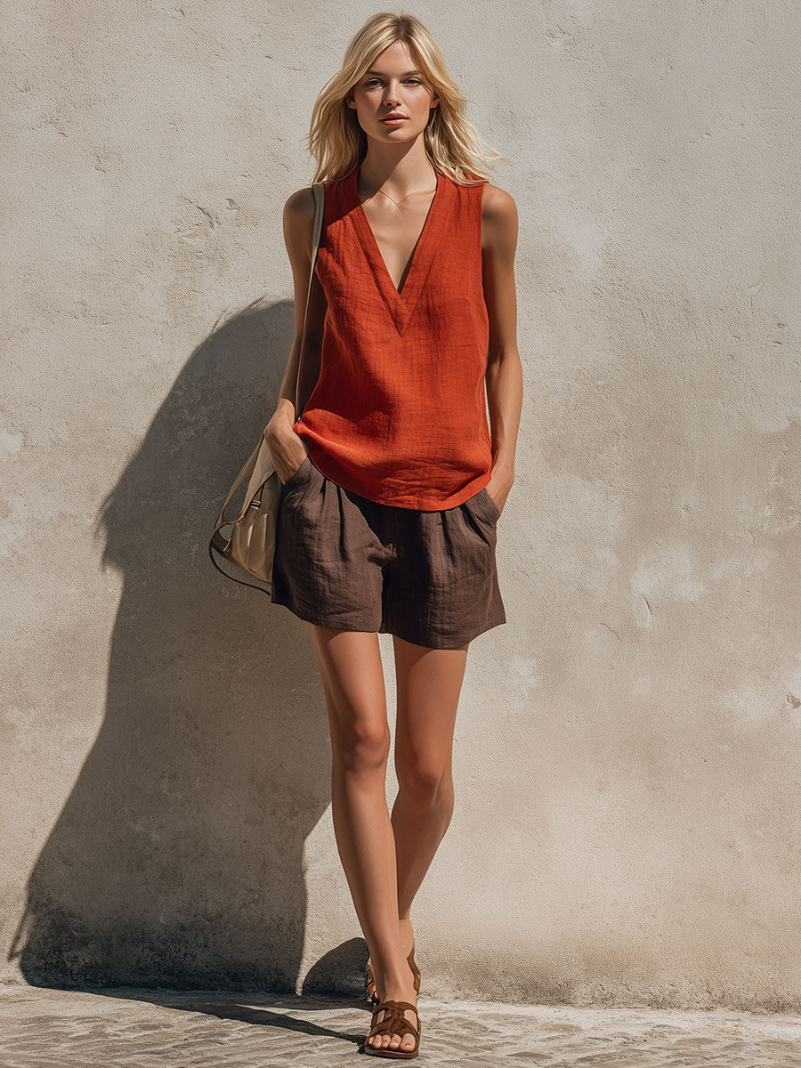 Retro Casual Orange Sleeveless V-neck Cotton Linen Top And Brown Shorts Set