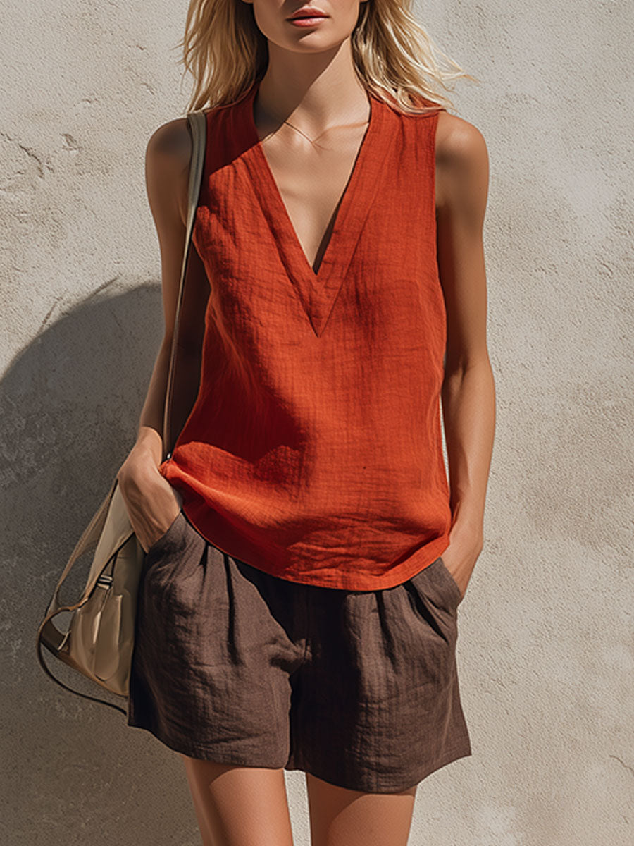 Retro Casual Orange Sleeveless V-neck Cotton Linen Top And Brown Shorts Set