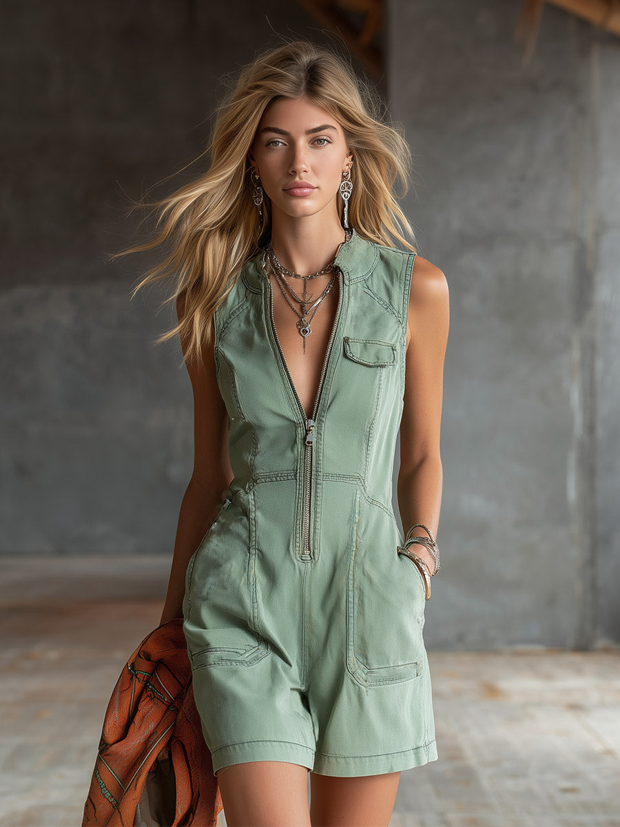 Stylish Retro Light Green Denim Short Jumpsuit