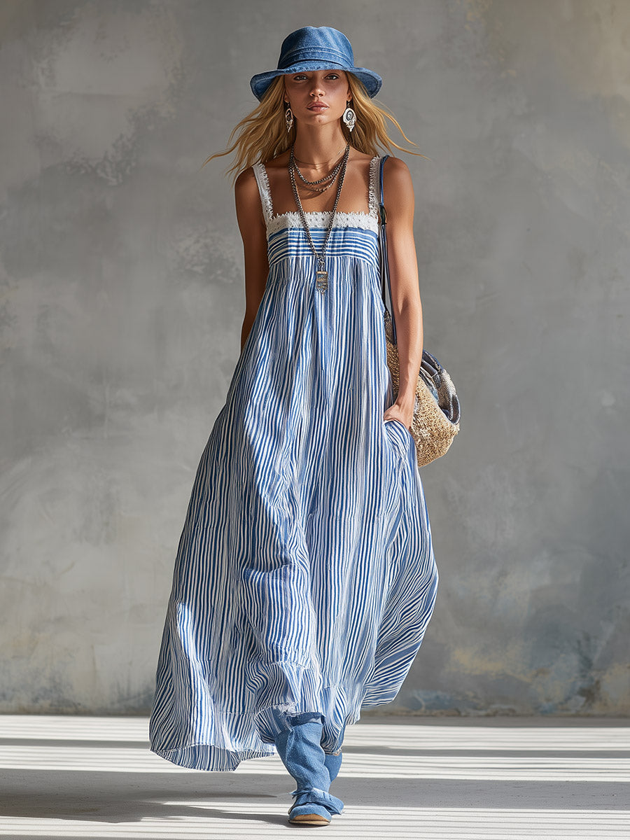 Stylish &amp; Elegant Lace Trim Blue Striped Square Neck Maxi Dress