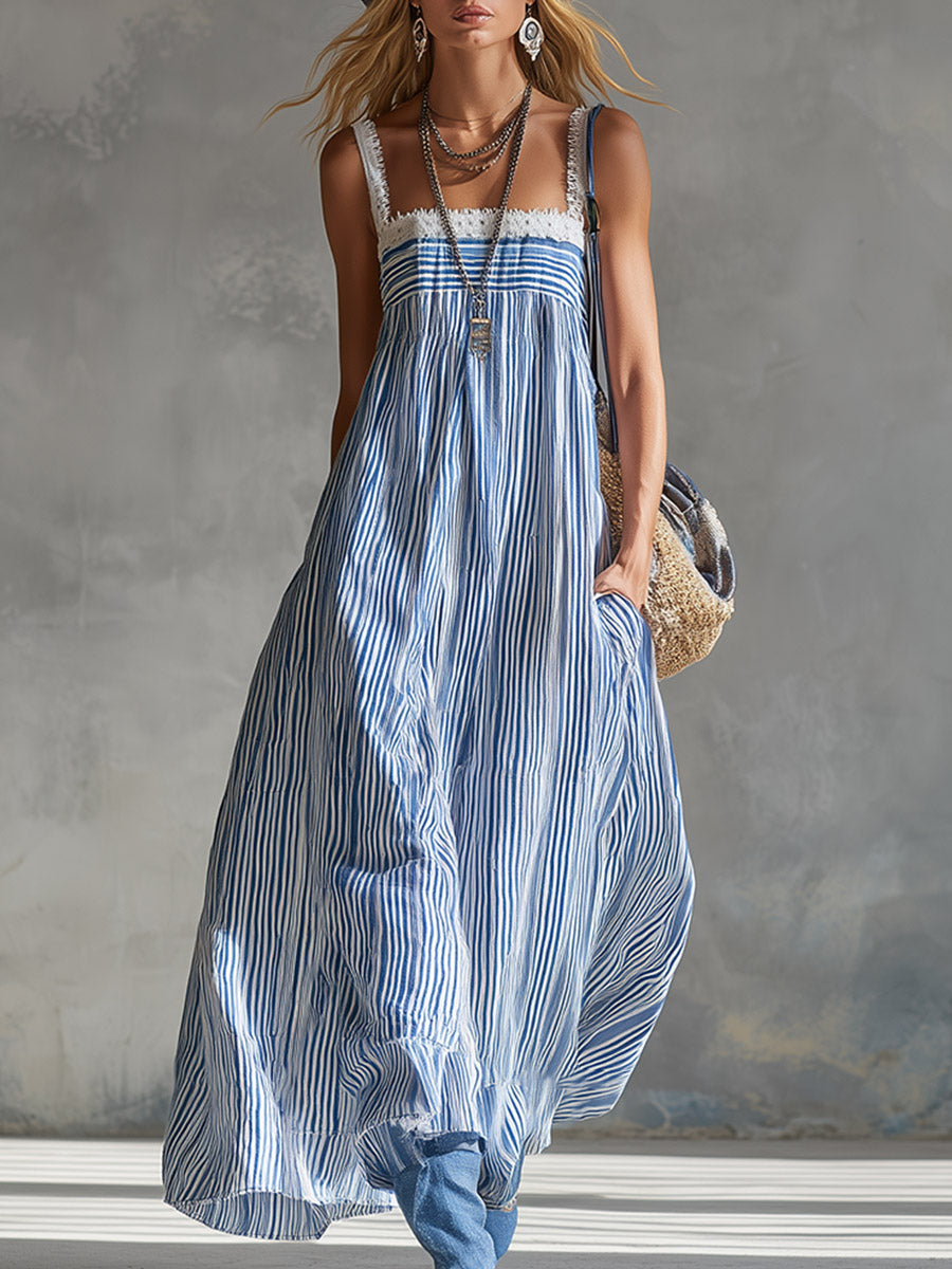 Stylish &amp; Elegant Lace Trim Blue Striped Square Neck Maxi Dress
