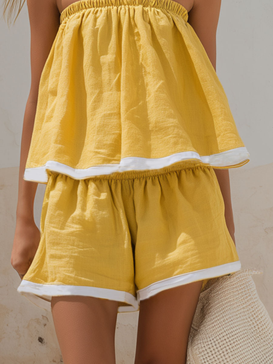 Color-blocked Cotton And Linen Sleeveless Top And Shorts Set