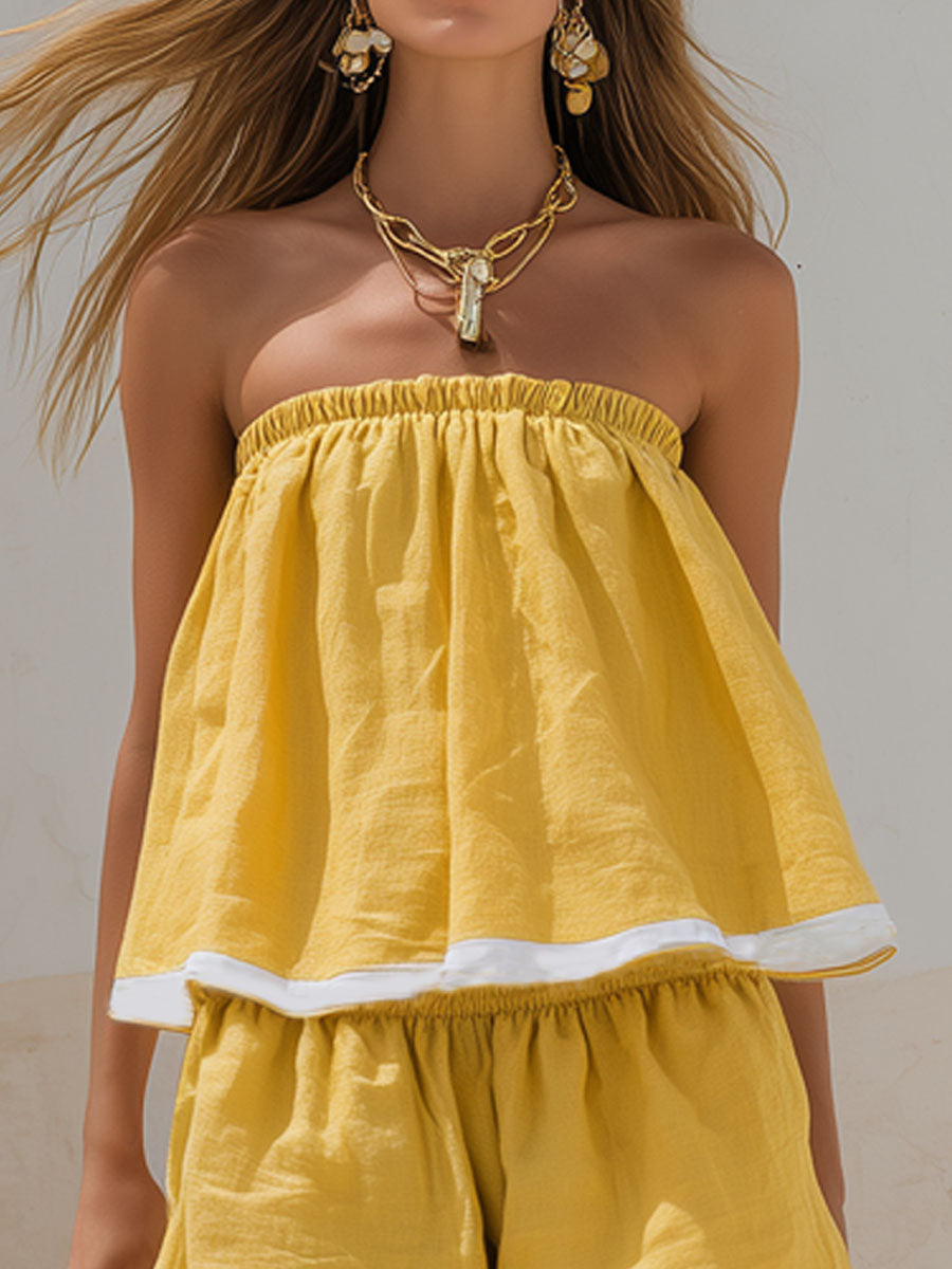 Color-blocked Cotton And Linen Sleeveless Top And Shorts Set