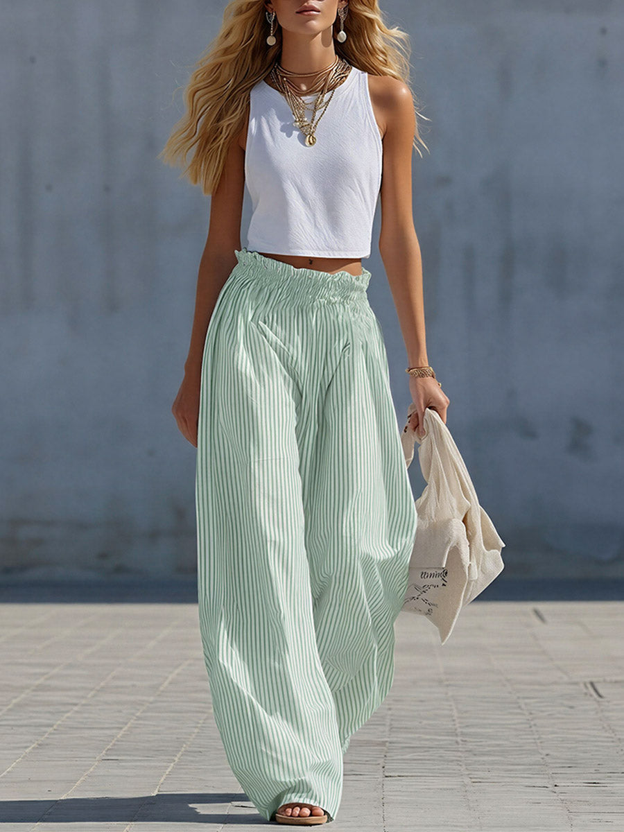 Stylish Casual White Cotton Tank Top And Blue Striped Pants Set