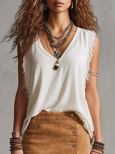 Western Retro Creamy White Cotton V-Neck Sleeveless Frayed Edge Top