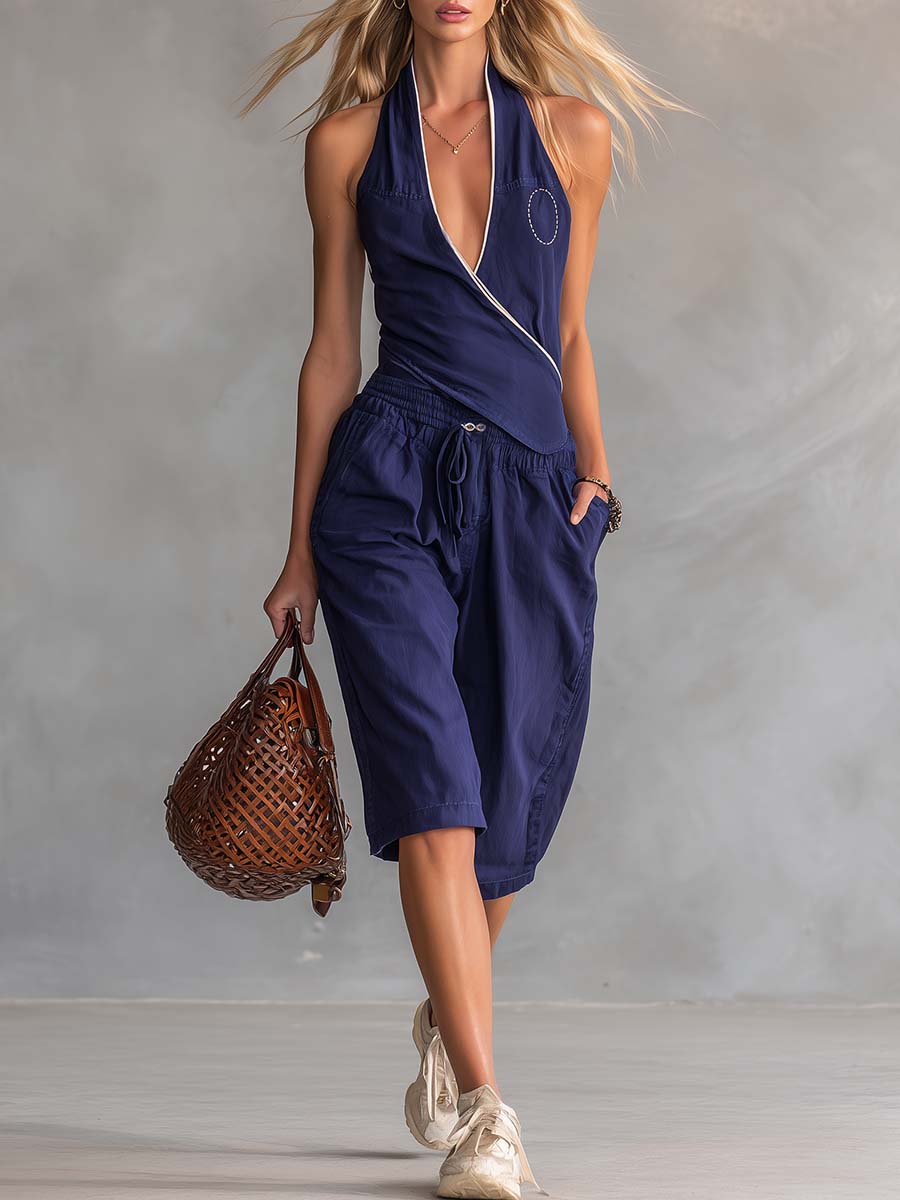 Retro Casual Navy V-Neck Asymmetrical Top And Bermuda Shorts Set
