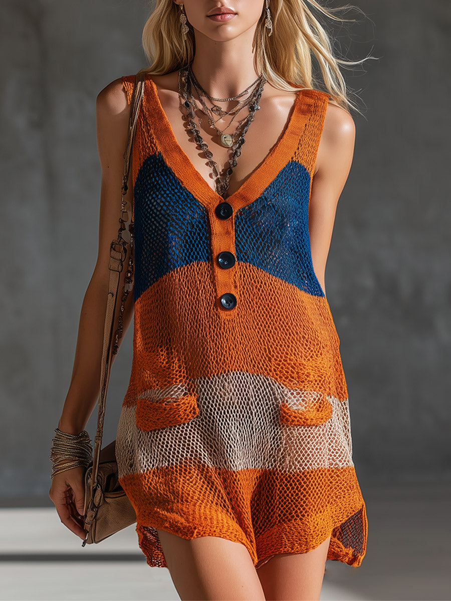 Chic Retro Color-Block Orange Striped Mesh Knit Mini Dress