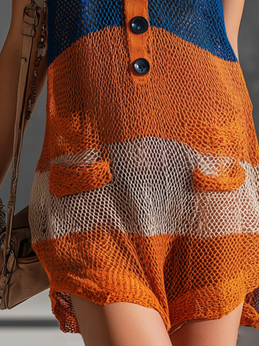 Chic Retro Color-Block Orange Striped Mesh Knit Mini Dress