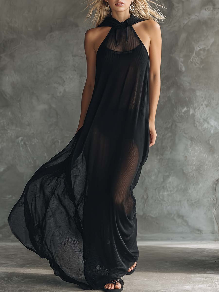 Fashion Sporty Hooded Black Mesh Maxi Dress