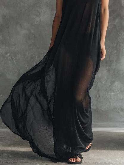 Fashion Sporty Hooded Black Mesh Maxi Dress