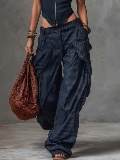 Personality Retro Casual Navy Blue Striped Square-Neck Front Zipper Top And Pants Set