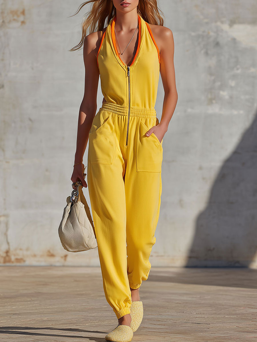 Retro Sporty Color-blocked Yellow V-neck Zip-up Sleeveless Jumpsuit