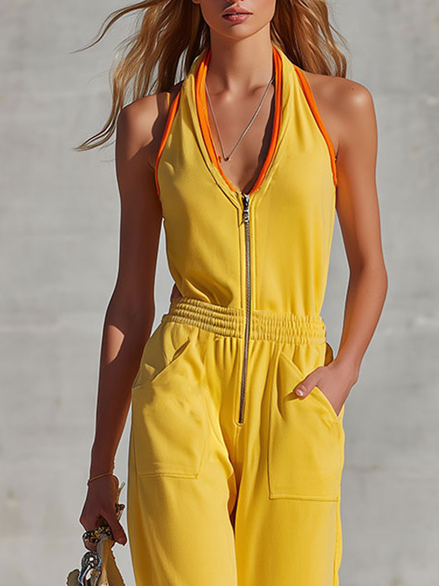 Retro Sporty Color-blocked Yellow V-neck Zip-up Sleeveless Jumpsuit