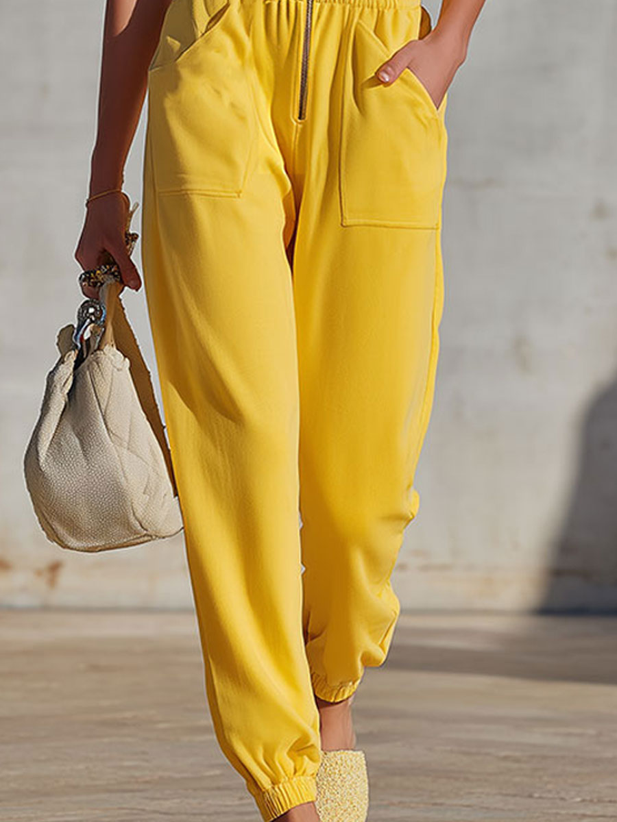 Retro Sporty Color-blocked Yellow V-neck Zip-up Sleeveless Jumpsuit