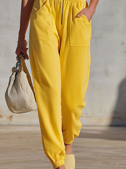 Retro Sporty Color-blocked Yellow V-neck Zip-up Sleeveless Jumpsuit