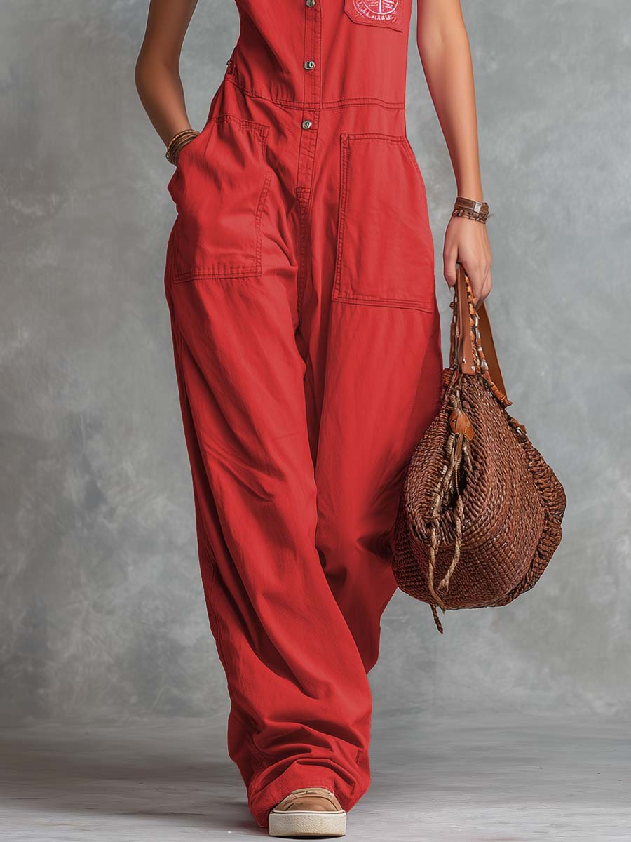 Stylish Unique Retro Red Cotton Halter Jumpsuit